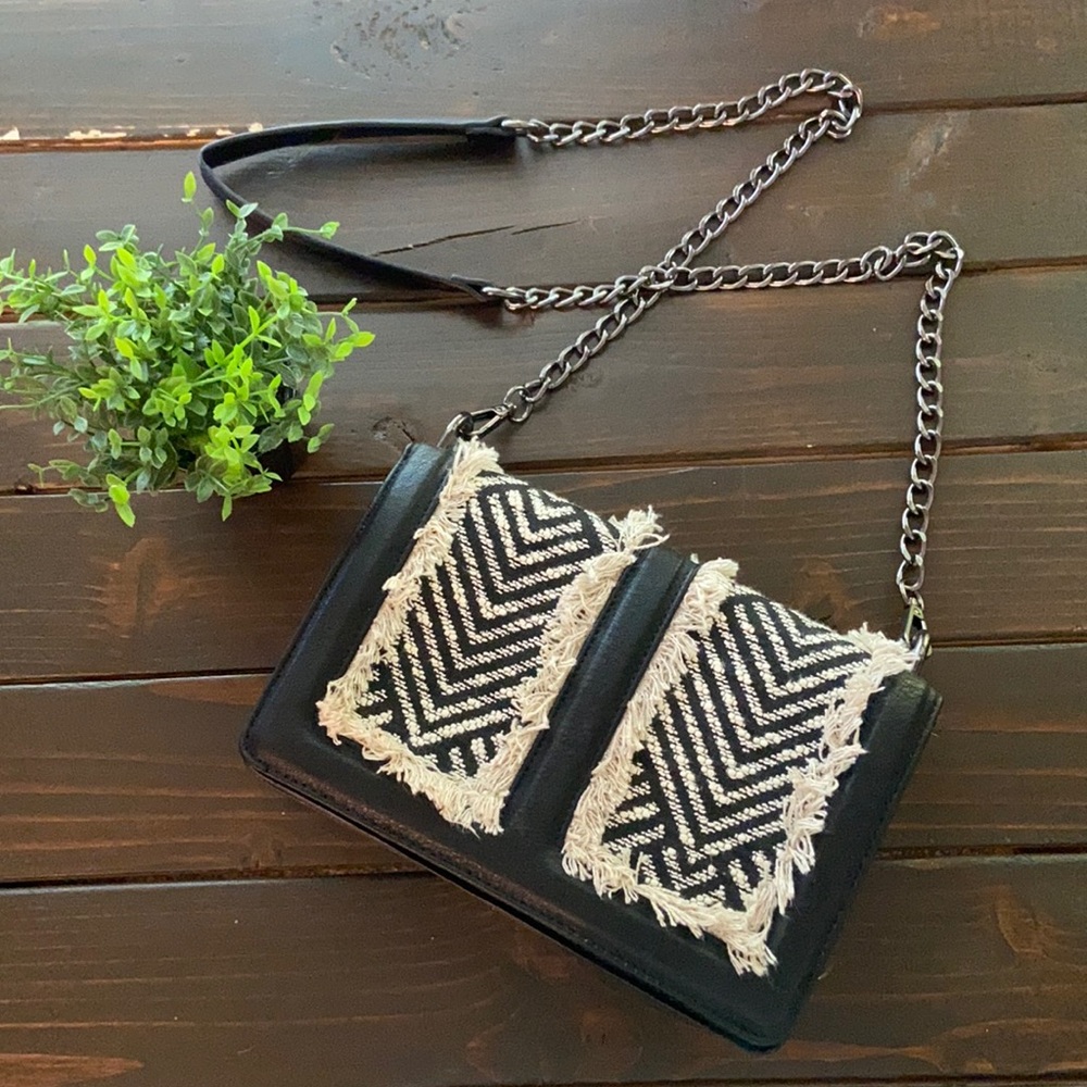 DSW Chevron Fringe Clutch Crossbody Purse Black